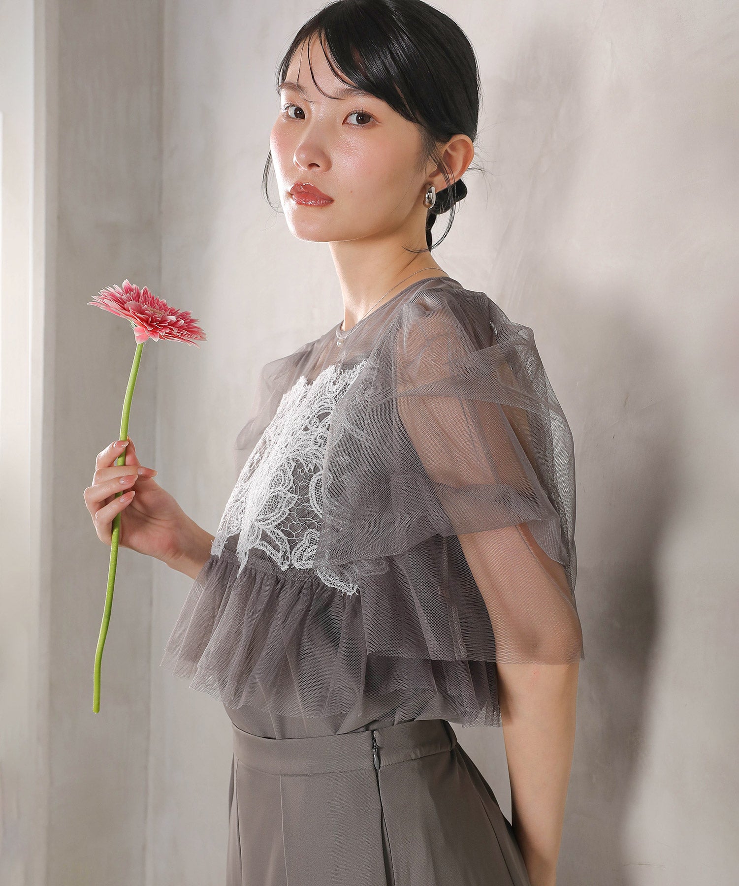 レースチュール ボリューム袖 パンツドレス 3点セット