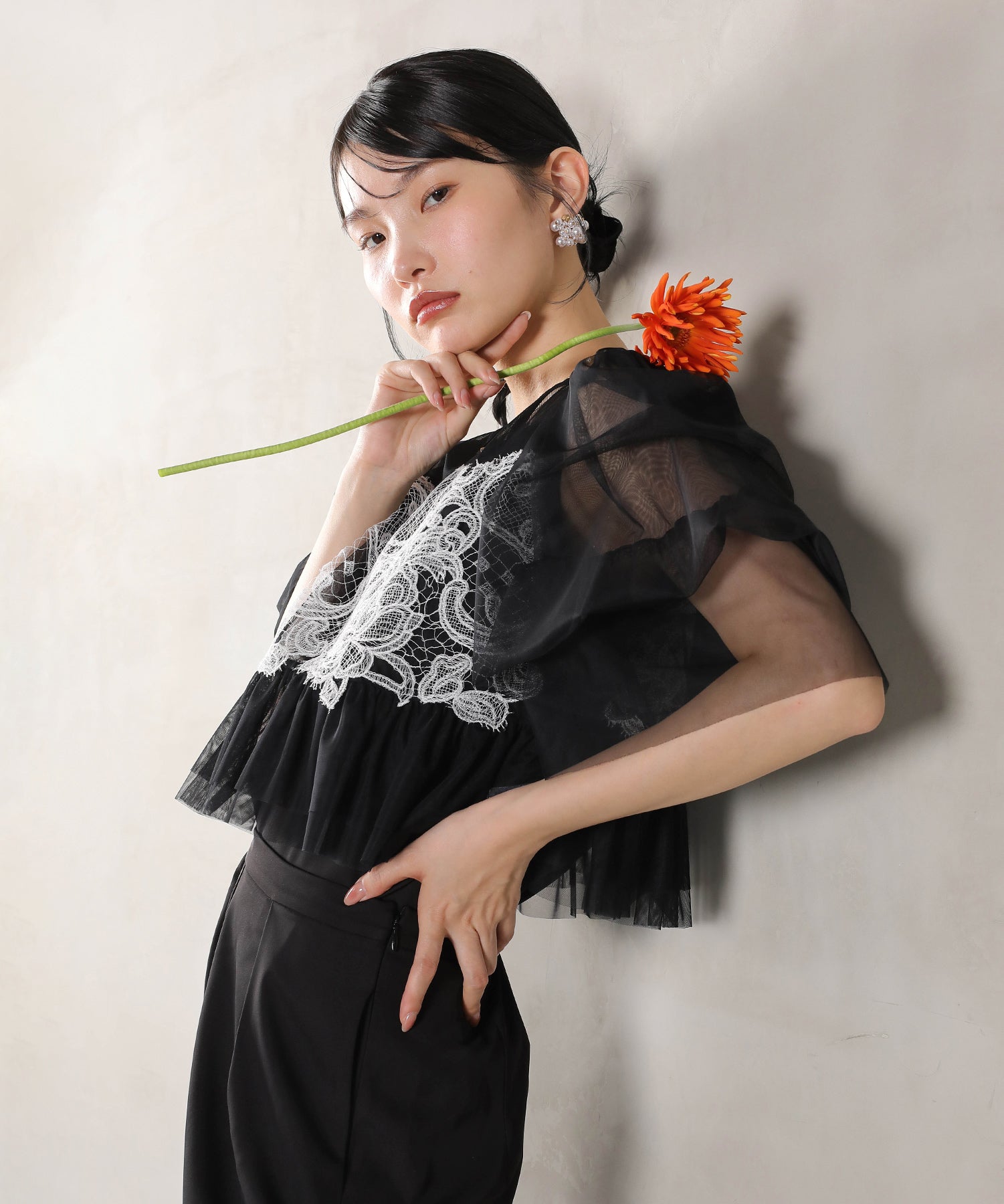 レースチュール ボリューム袖 パンツドレス 3点セット