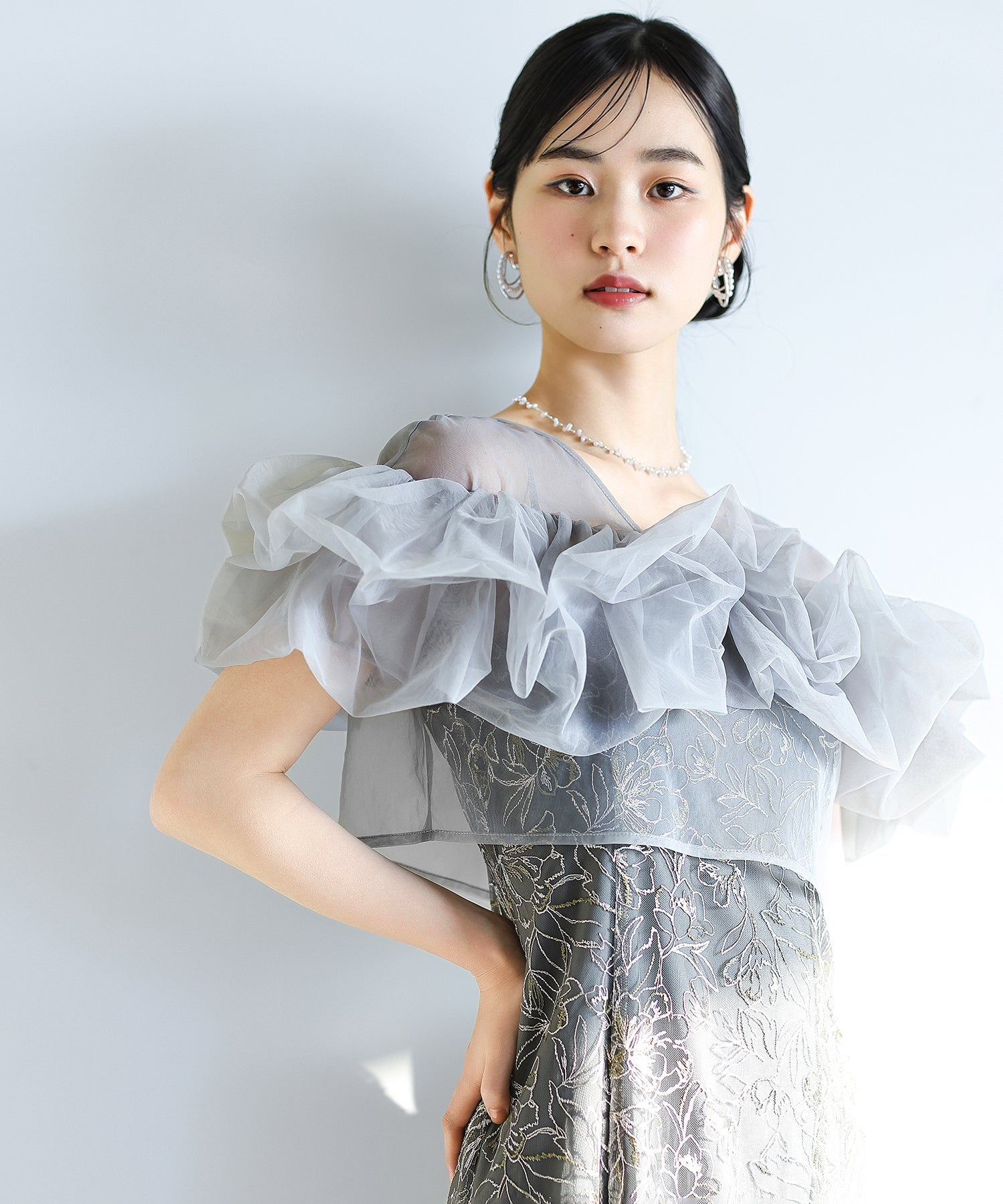 ボリュームチュールボレロ花柄刺繍レースフレアセットドレス