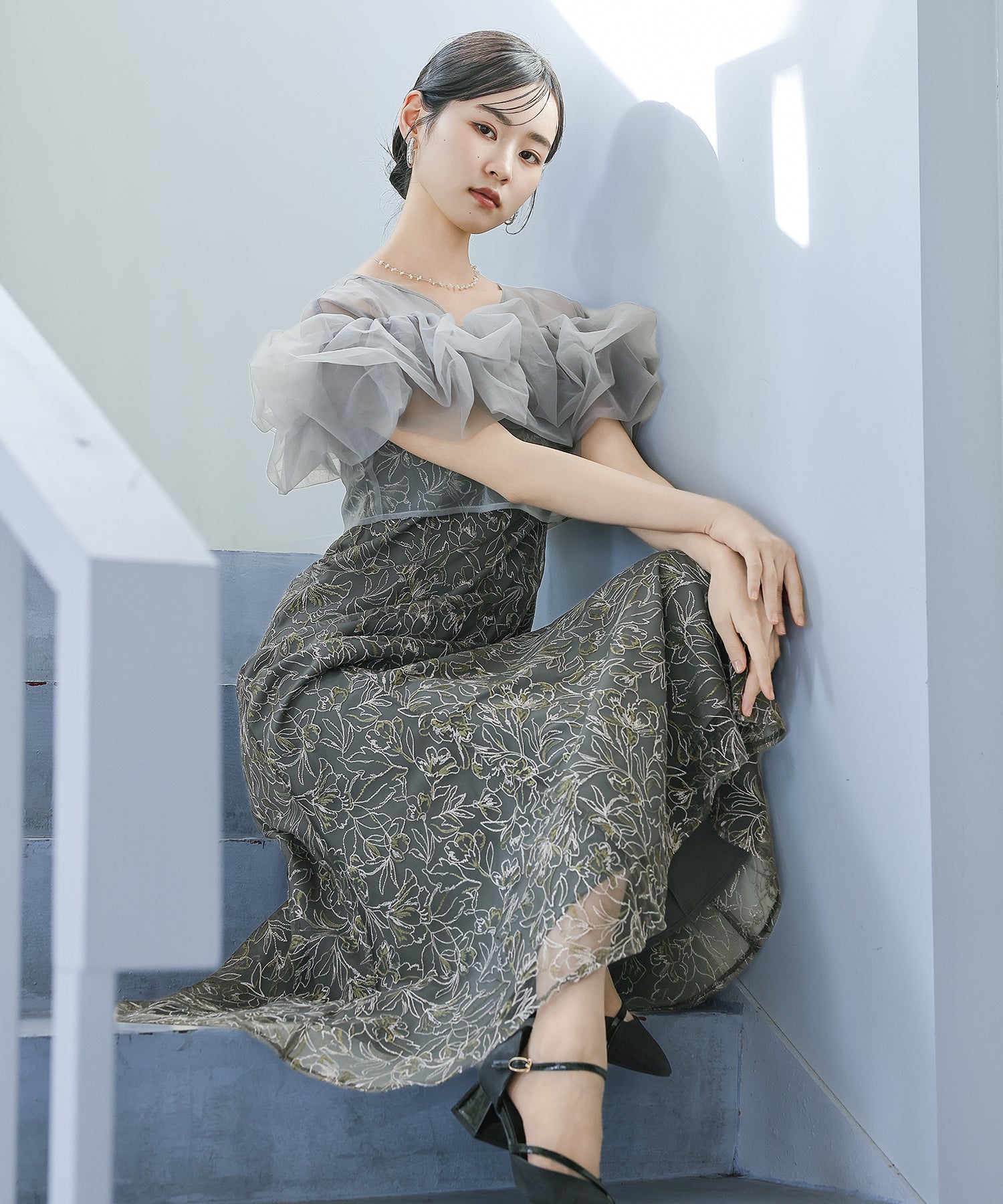 ボリュームボレロ花柄ワンピースドレス 2点セットワンピースドレス