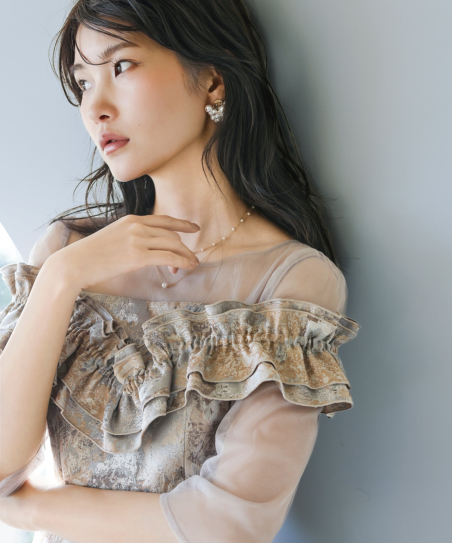 ハートネックフリルジャガードワンピースドレス