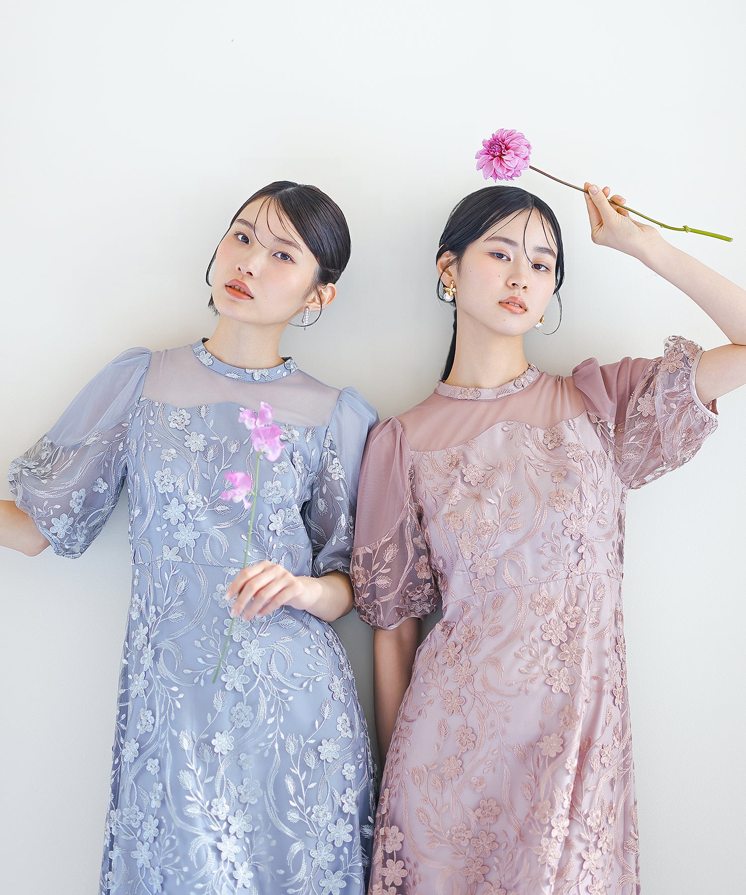刺繍レース ウェーブデザイン チュールバルーンスリーブ Aラインワンピースドレス