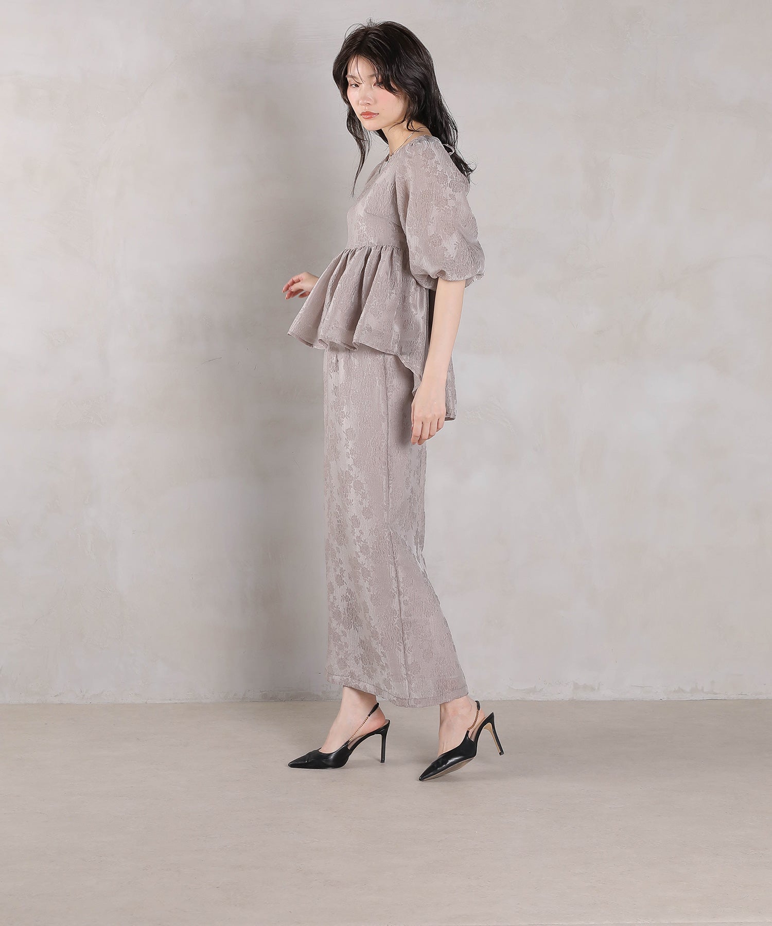 ジャガード バルーン スリーブ ブラウス Iラインスカート2点セット