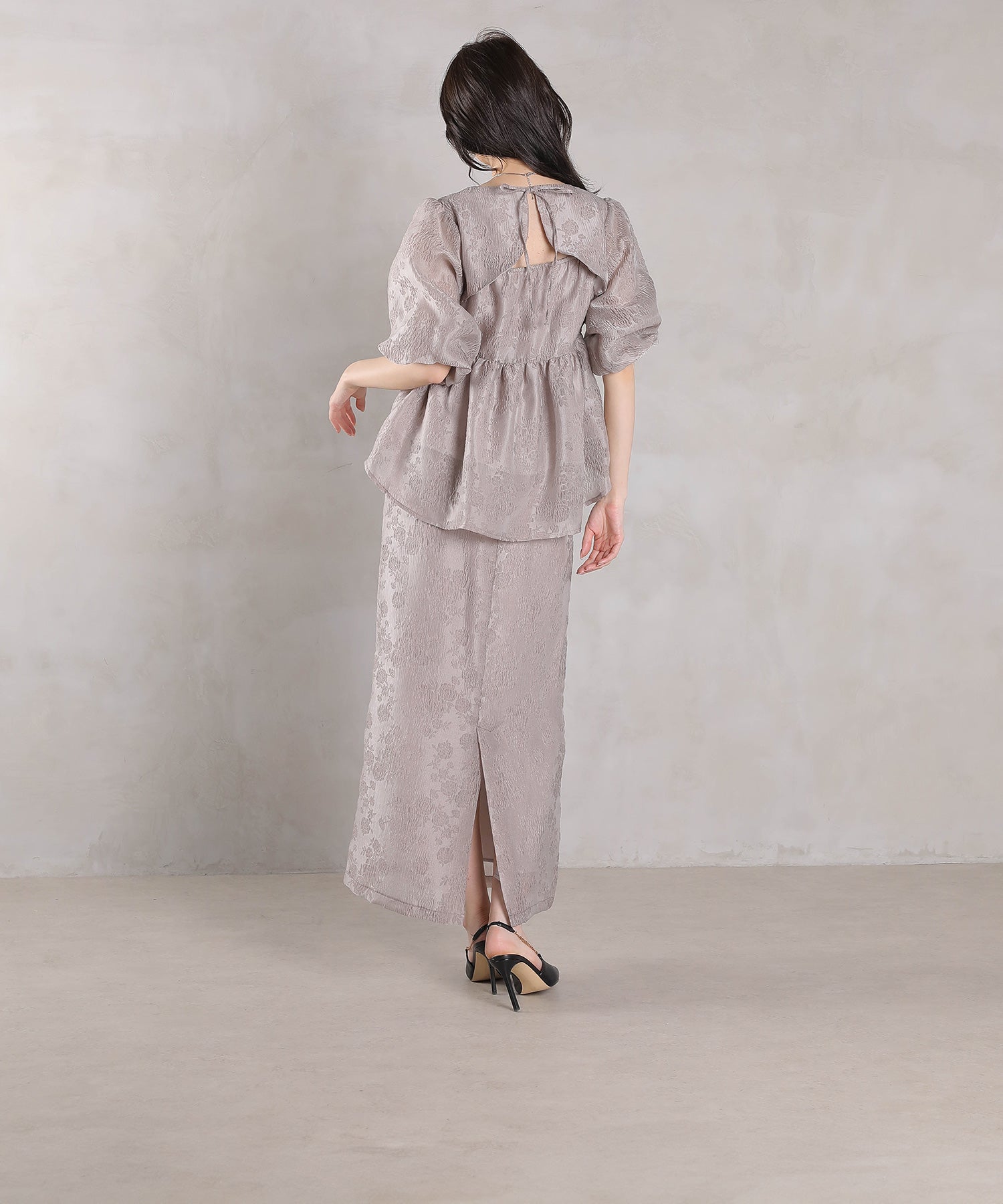 ジャガード バルーン スリーブ ブラウス Iラインスカート2点セット