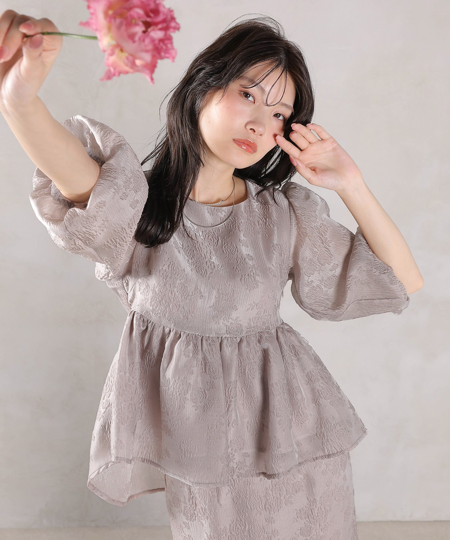 ジャガード バルーン スリーブ ブラウス Iラインスカート2点セット