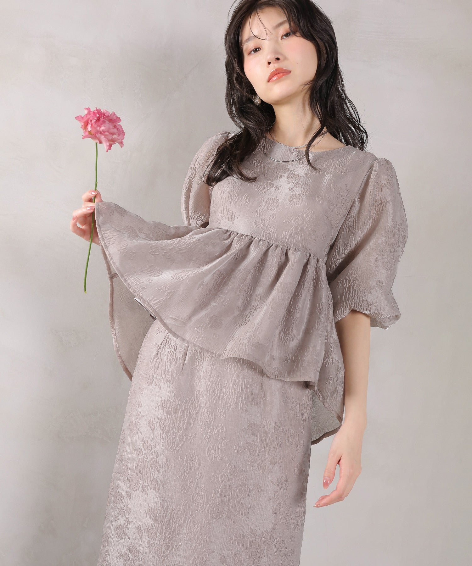 ジャガード バルーン スリーブ ブラウス Iラインスカート2点セット