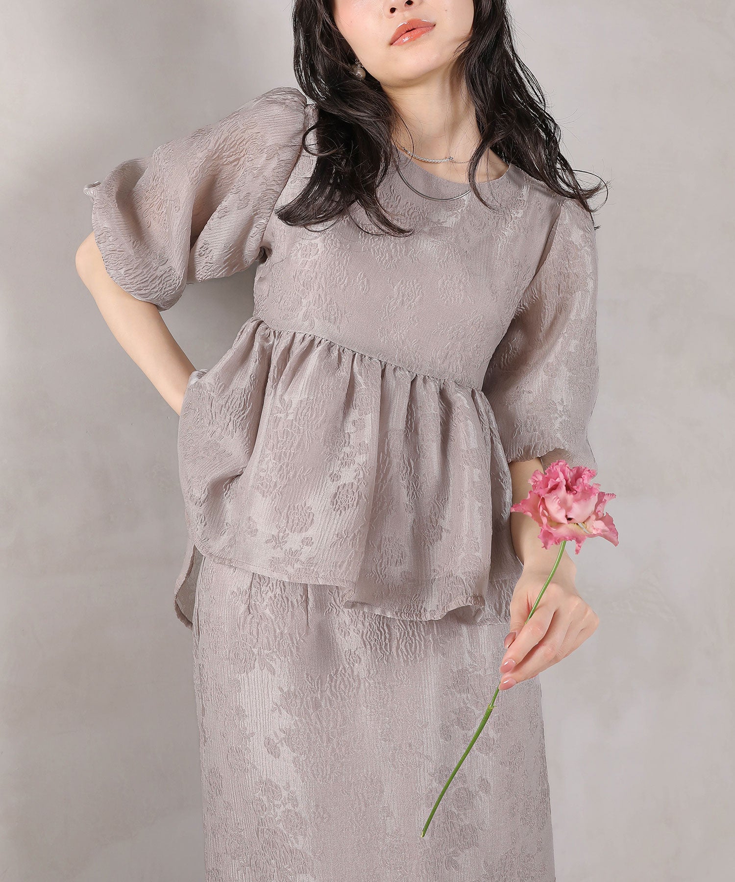 ジャガード バルーン スリーブ ブラウス Iラインスカート2点セット