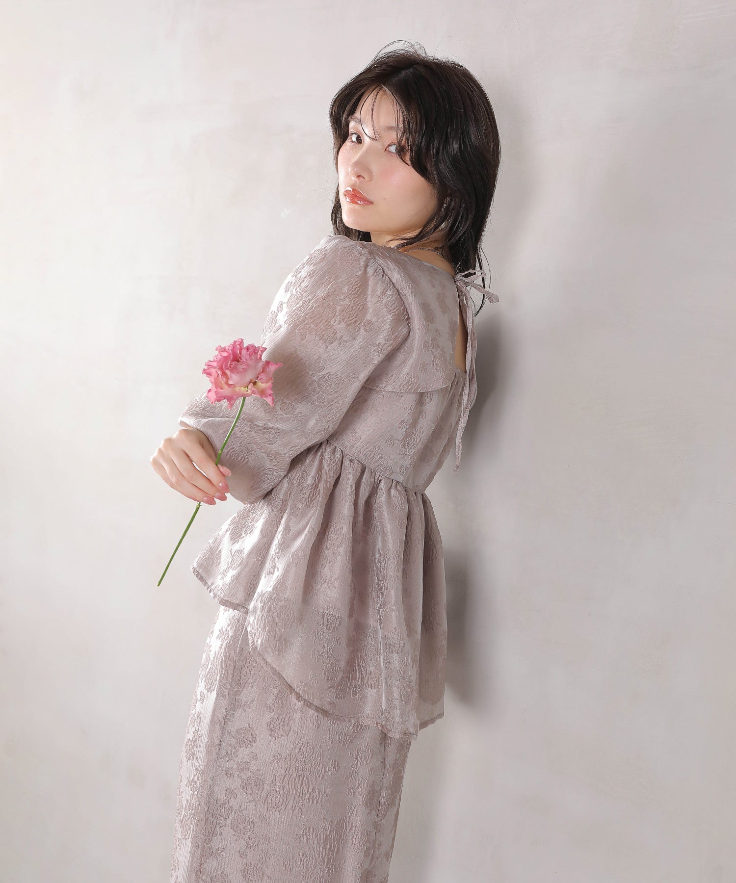 ジャガード バルーン スリーブ ブラウス Iラインスカート2点セット