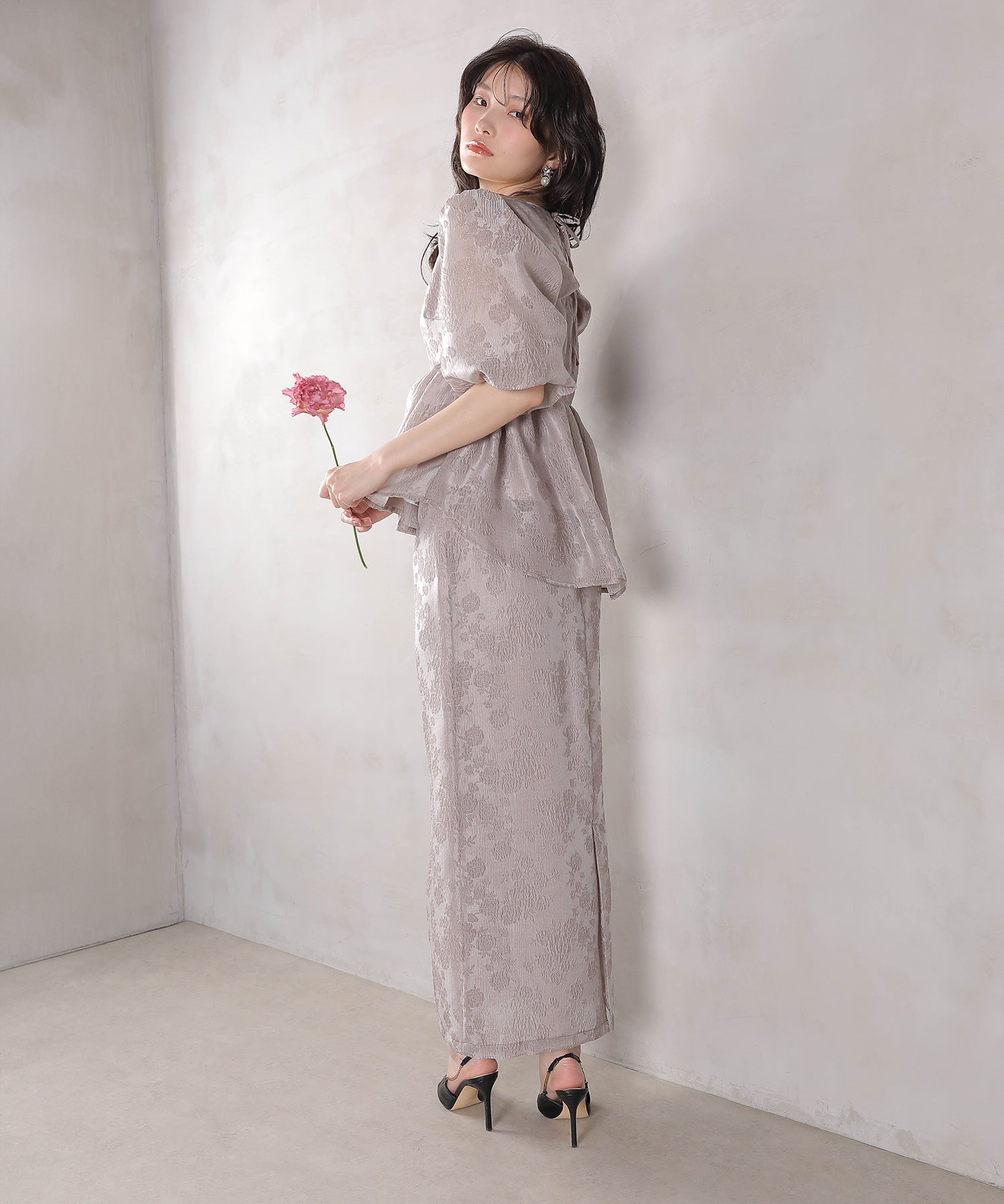 ジャガード バルーン スリーブ ブラウス Iラインスカート2点セット