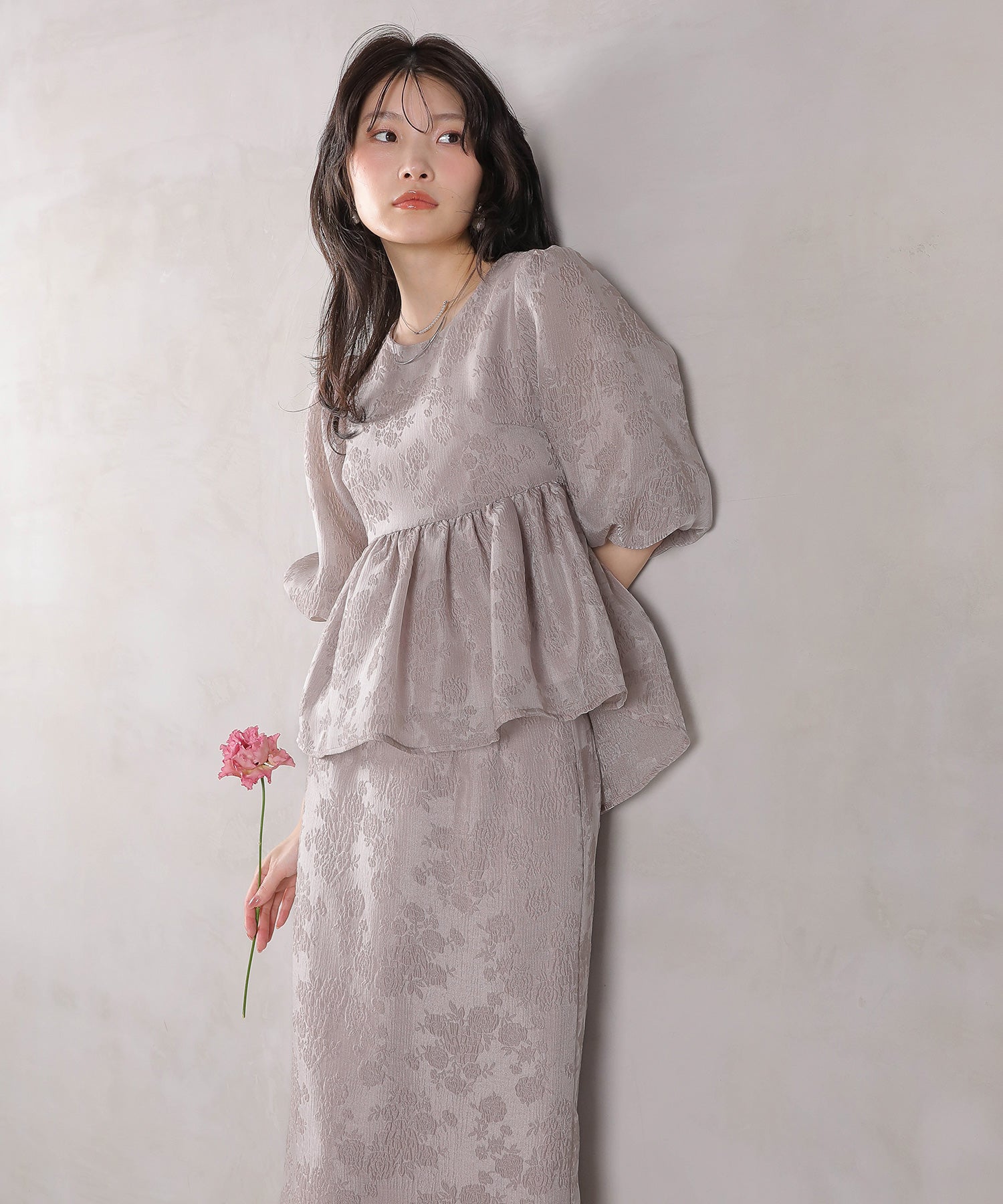 ジャガード バルーン スリーブ ブラウス Iラインスカート2点セット