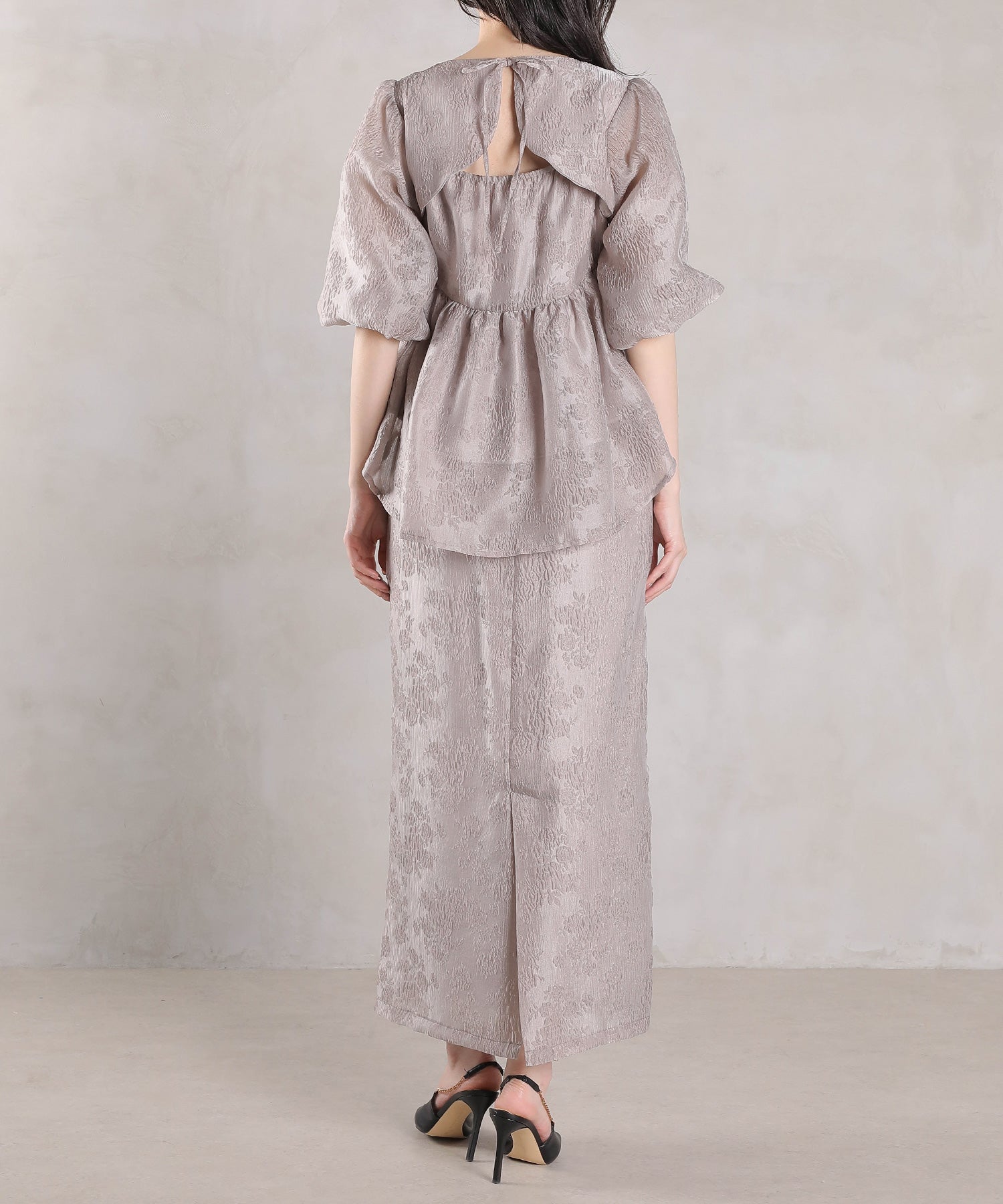 ジャガード バルーン スリーブ ブラウス Iラインスカート2点セット