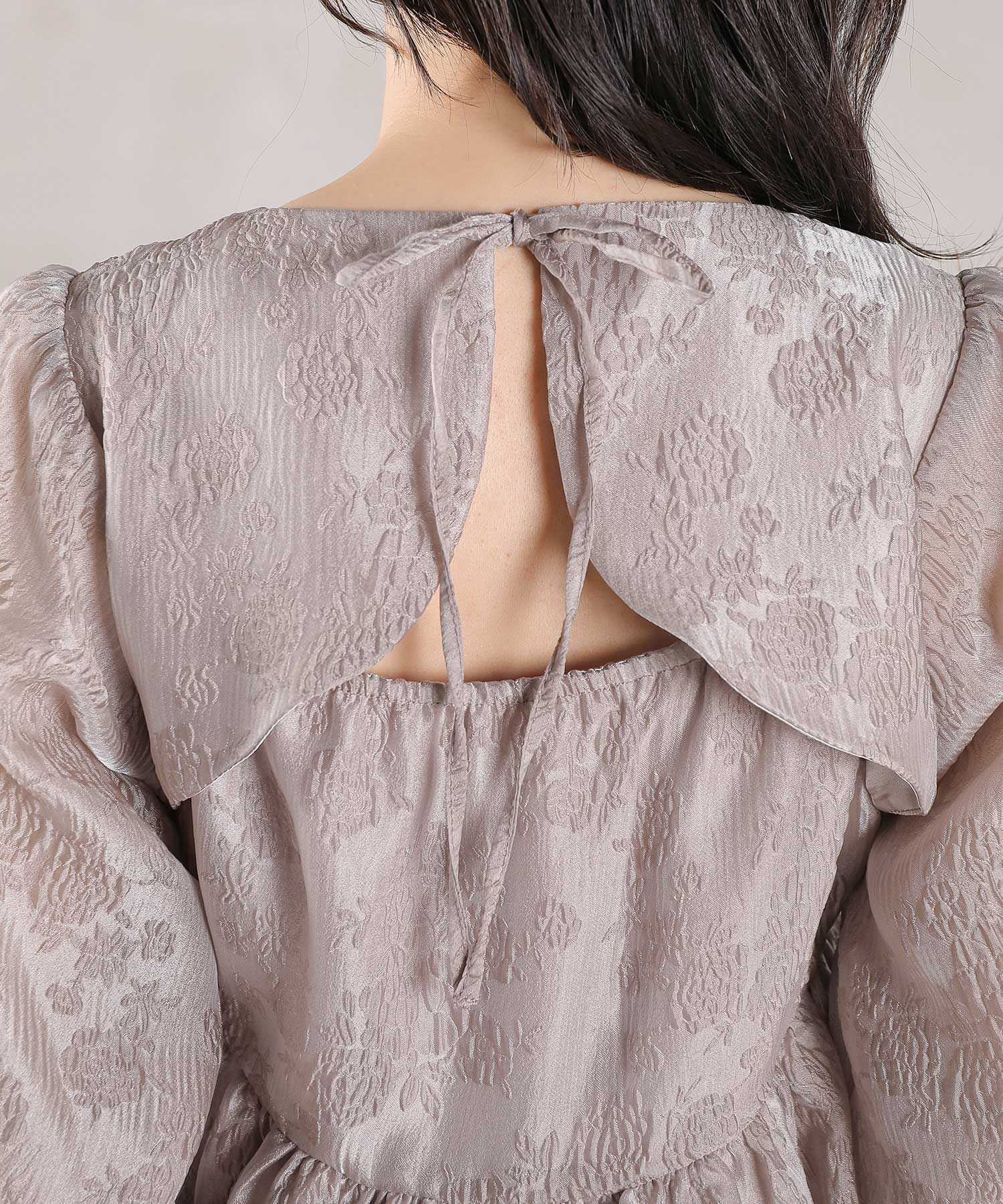 ジャガード バルーン スリーブ ブラウス Iラインスカート2点セット