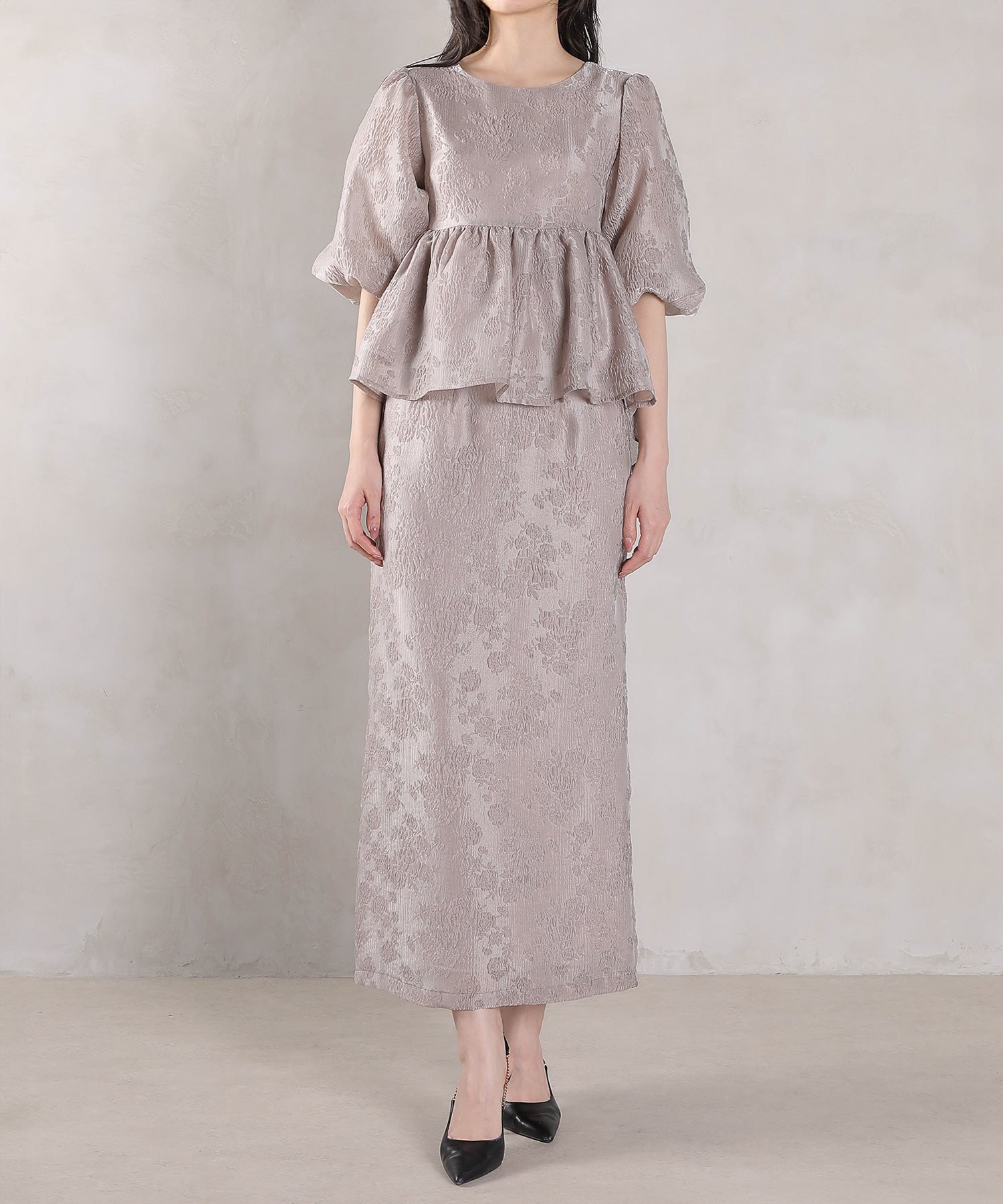 ジャガード バルーン スリーブ ブラウス Iラインスカート2点セット