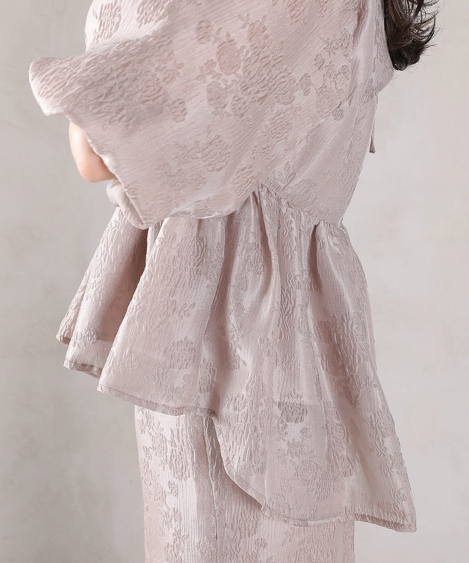 ジャガード バルーン スリーブ ブラウス Iラインスカート2点セット