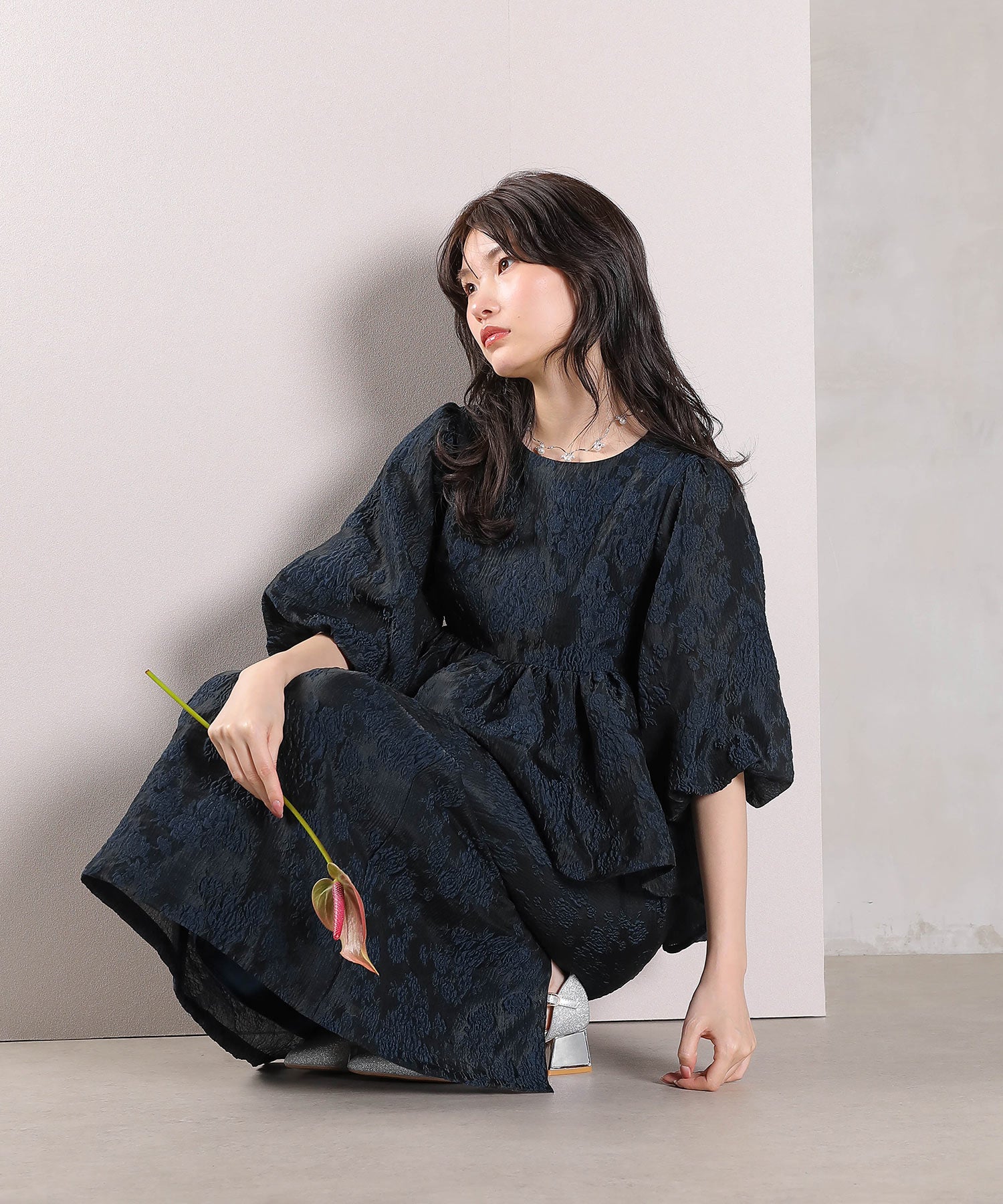 ジャガード バルーン スリーブ ブラウス Iラインスカート2点セット