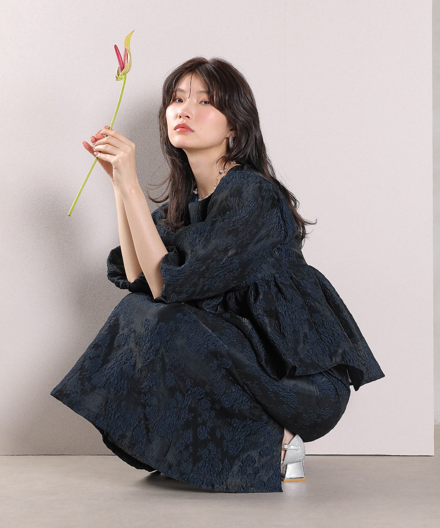 ジャガード バルーン スリーブ ブラウス Iラインスカート2点セット