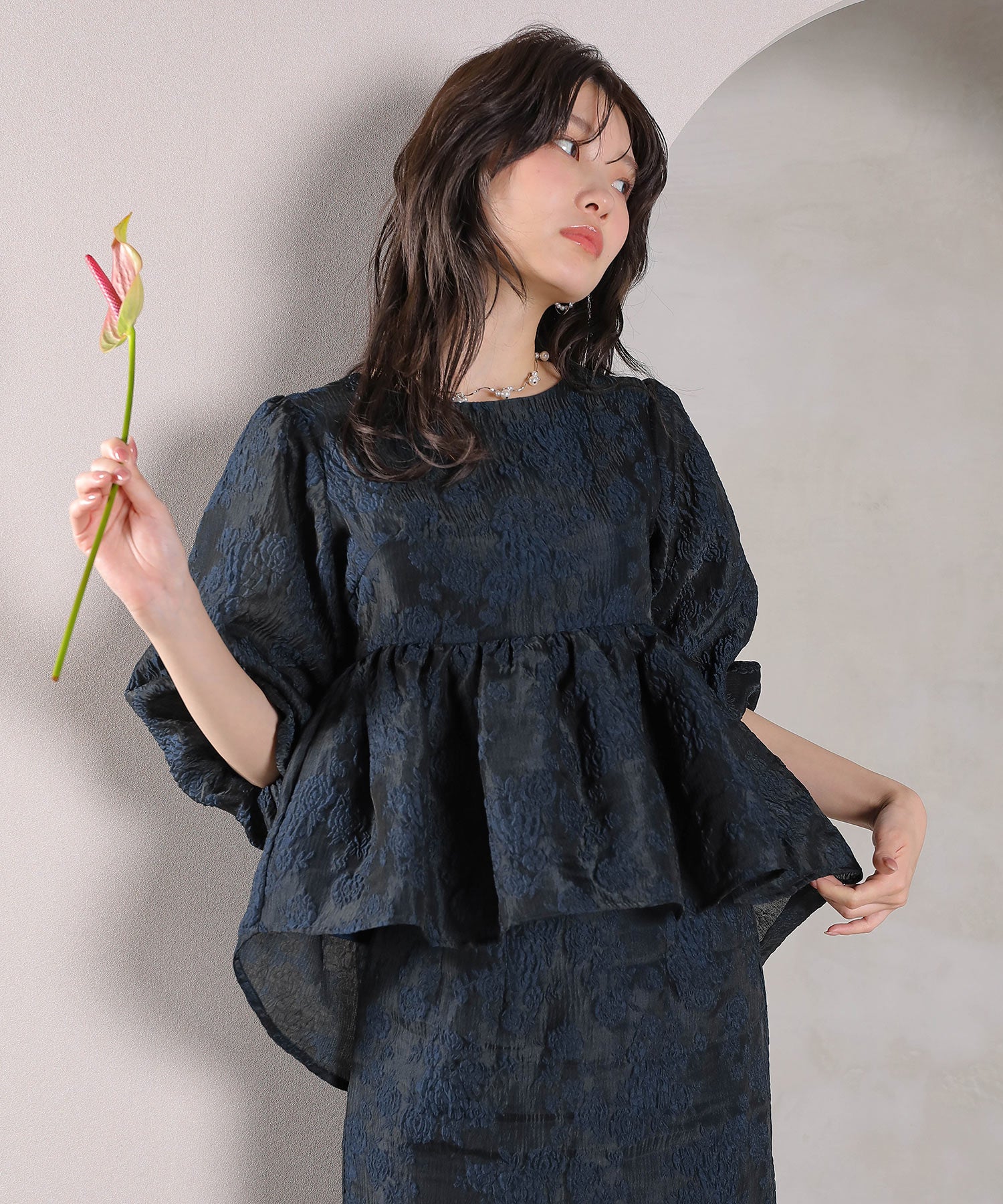 ジャガード バルーン スリーブ ブラウス Iラインスカート2点セット