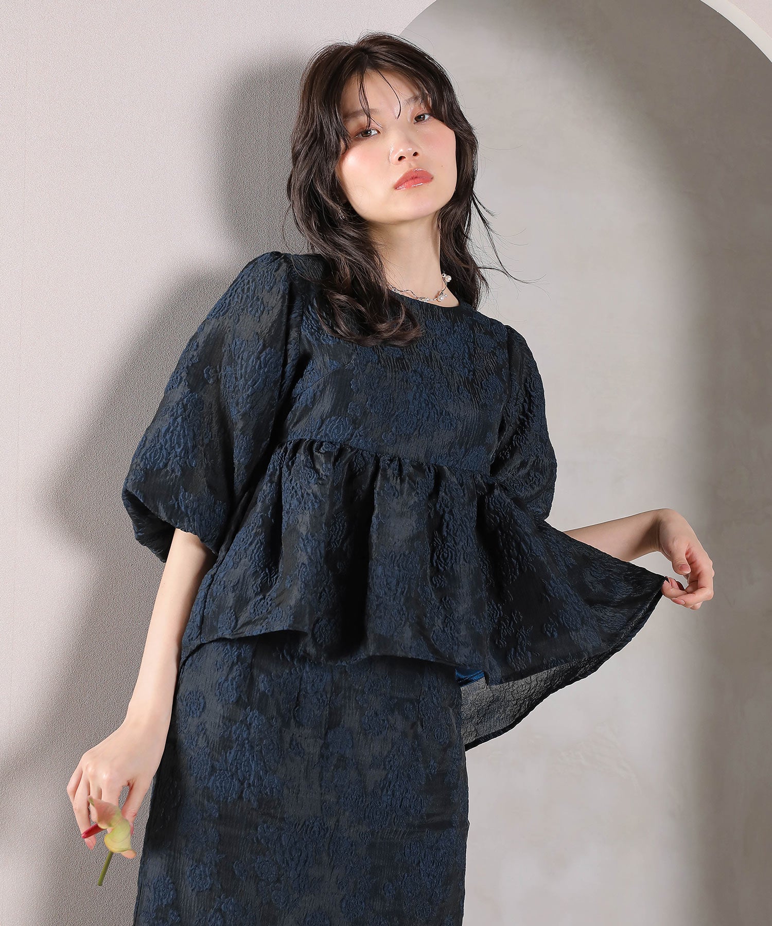 ジャガード バルーン スリーブ ブラウス Iラインスカート2点セット