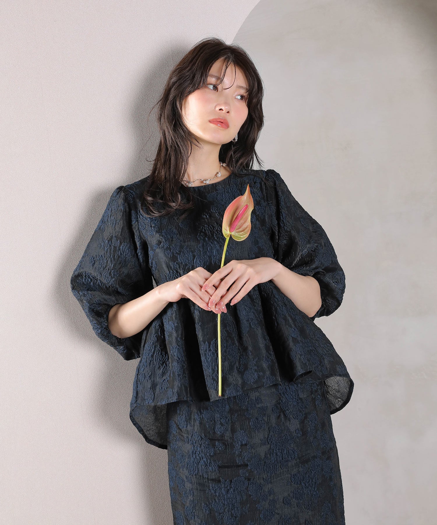 ジャガード バルーン スリーブ ブラウス Iラインスカート2点セット