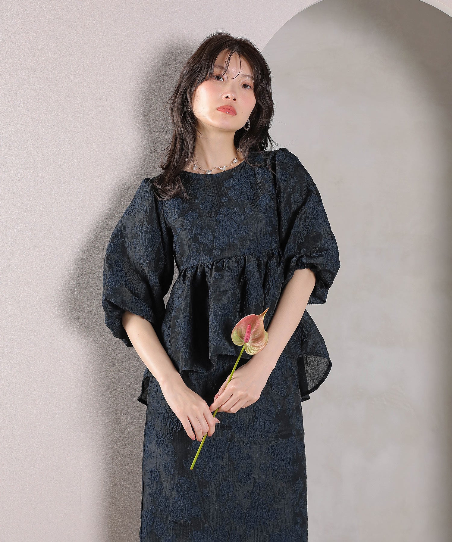 ジャガード バルーン スリーブ ブラウス Iラインスカート2点セット