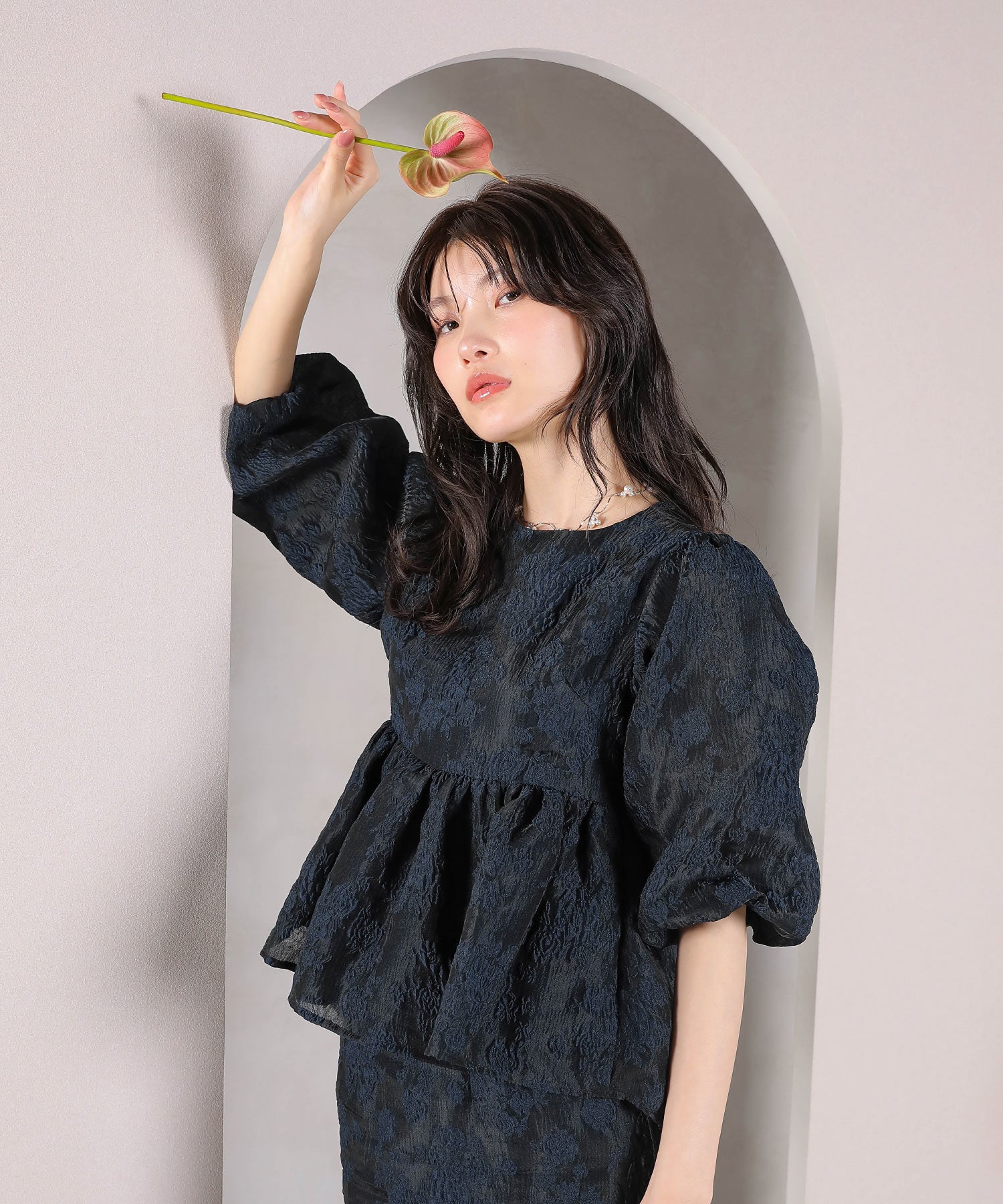 ジャガード バルーン スリーブ ブラウス Iラインスカート2点セット