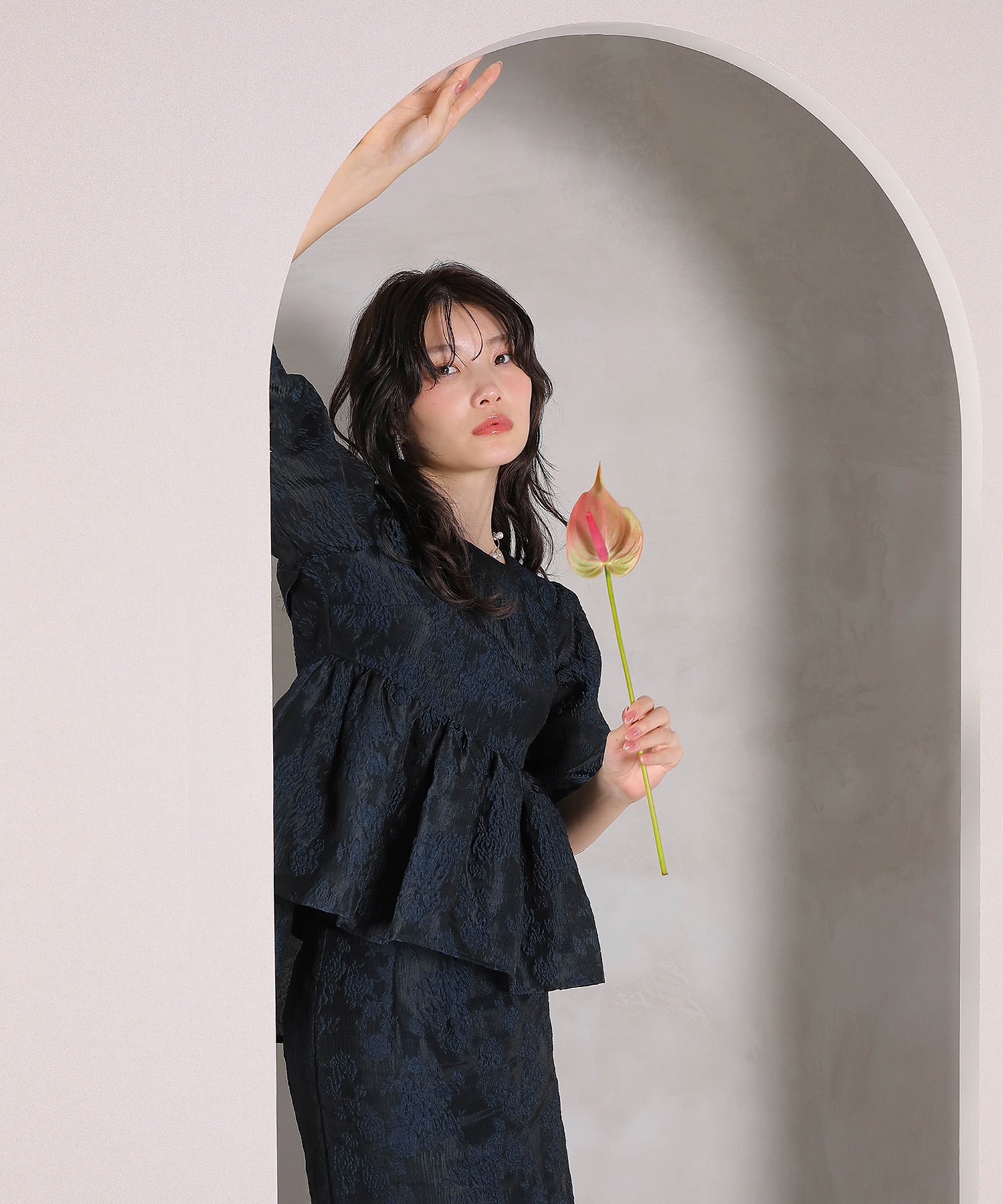 ジャガード バルーン スリーブ ブラウス Iラインスカート2点セット