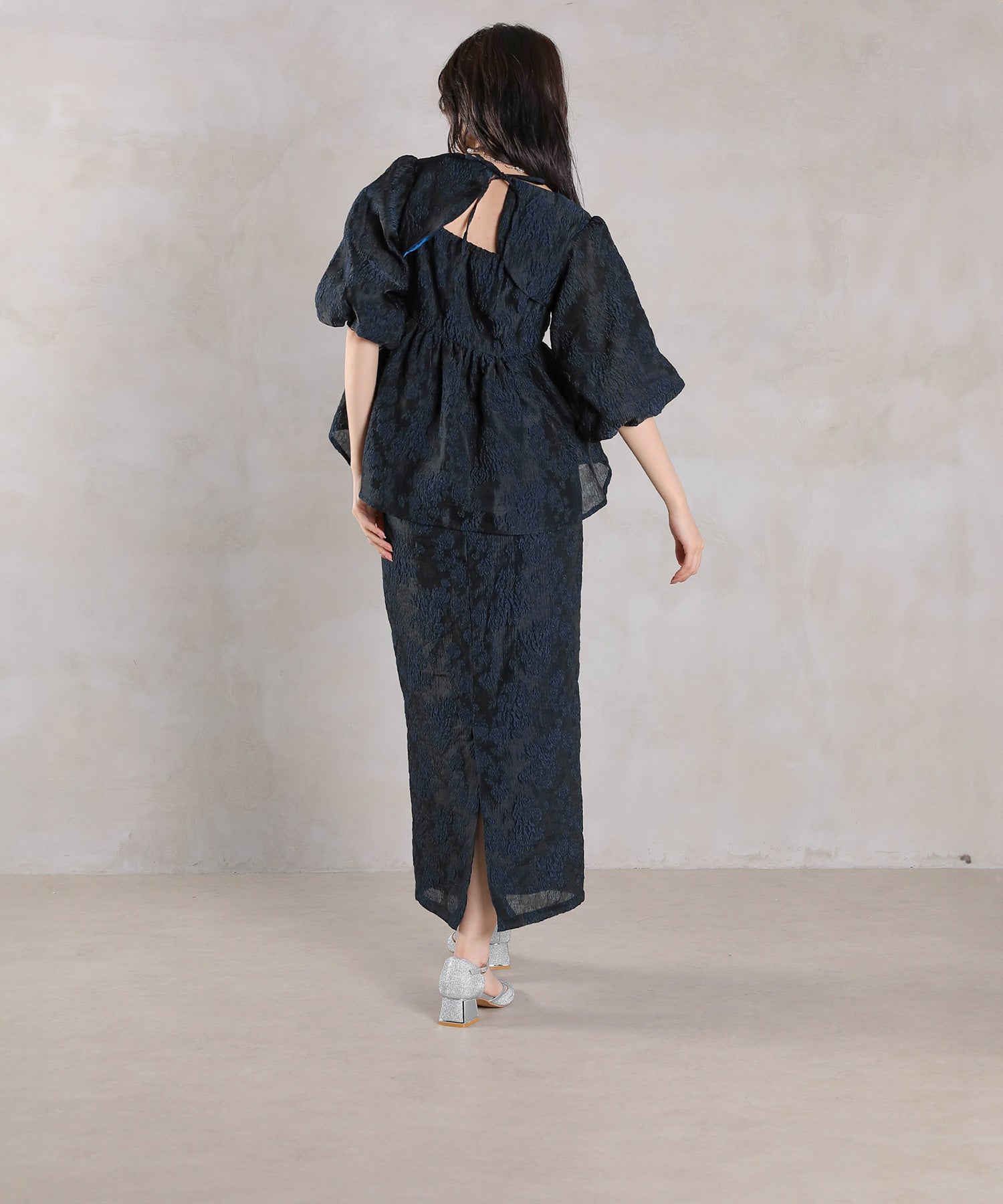 ジャガード バルーン スリーブ ブラウス Iラインスカート2点セット