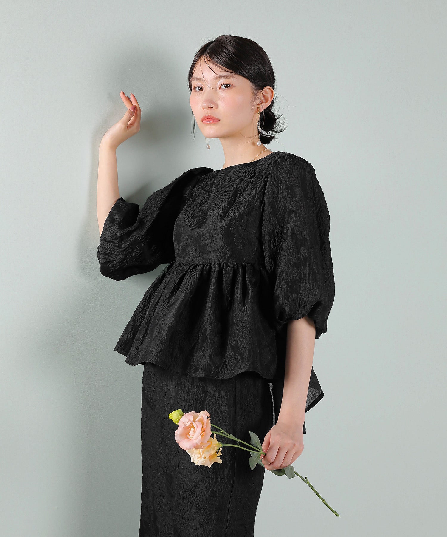 ジャガード バルーン スリーブ ブラウス Iラインスカート2点セット