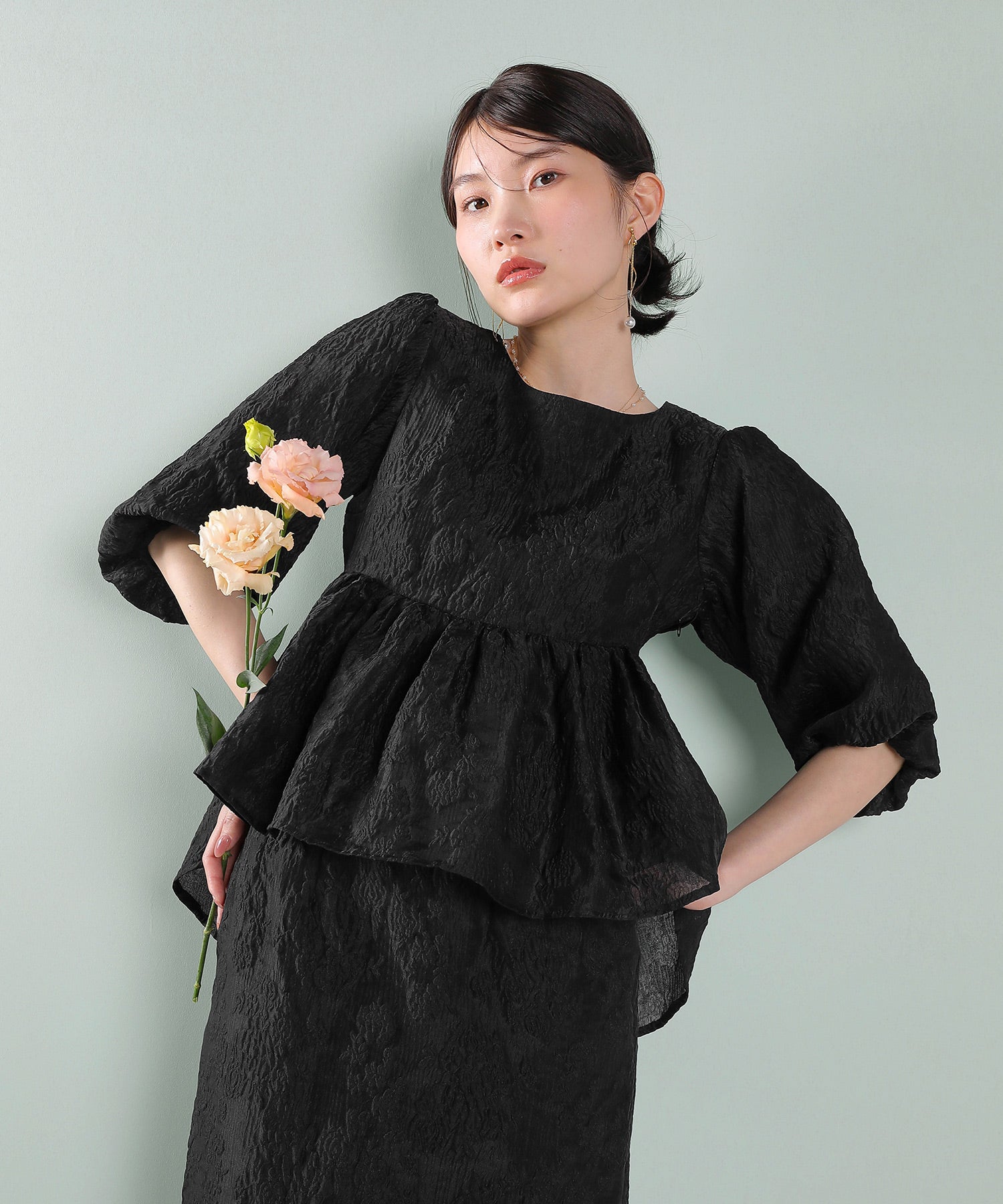 ジャガード バルーン スリーブ ブラウス Iラインスカート2点セット