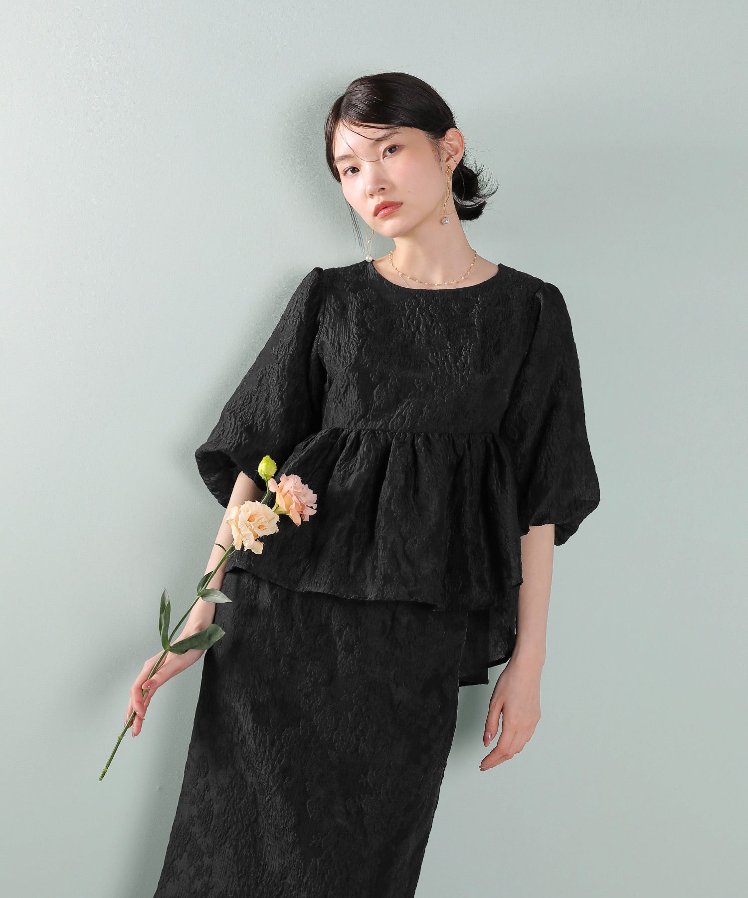 ジャガード バルーン スリーブ ブラウス Iラインスカート2点セット