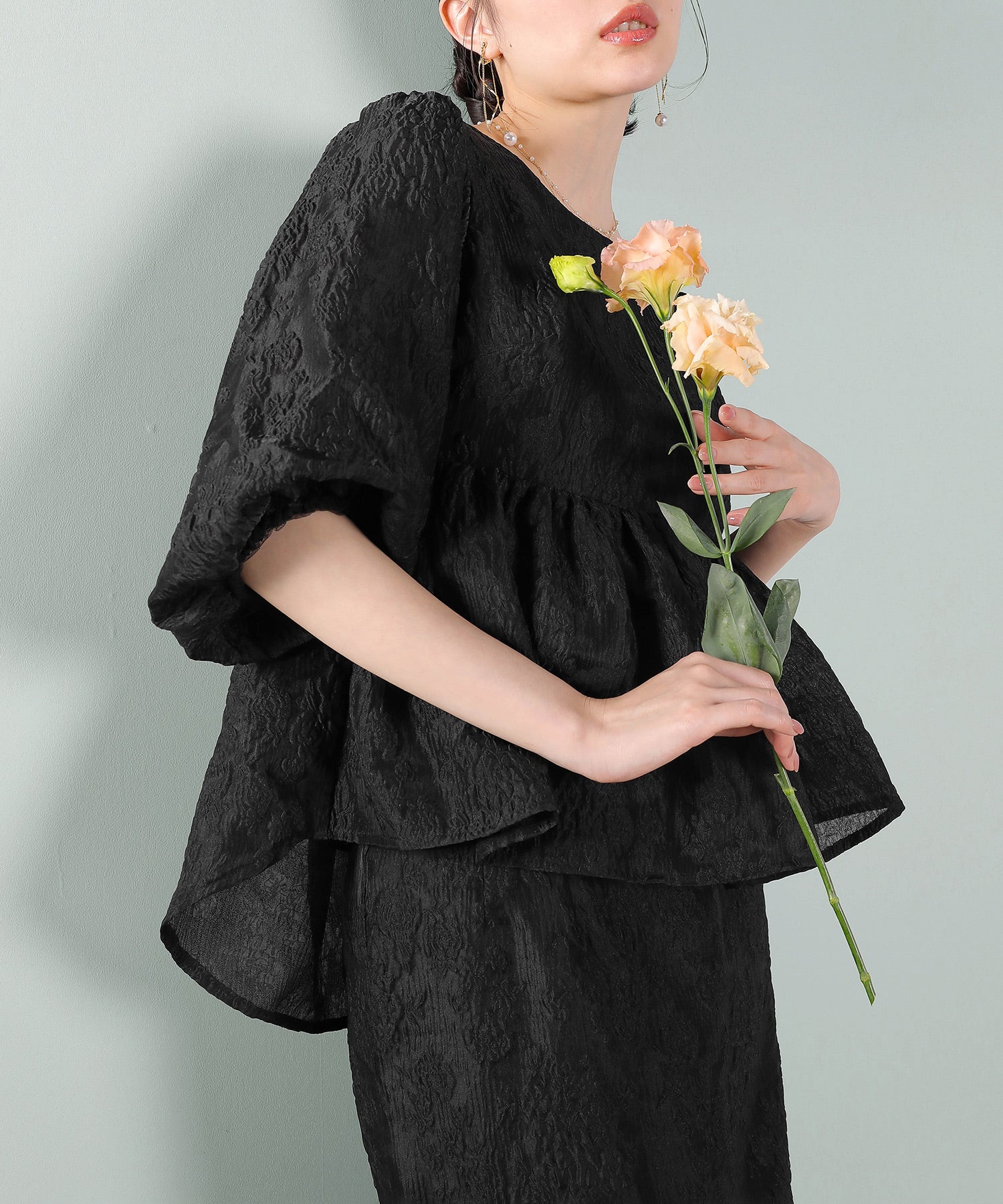 ジャガード バルーン スリーブ ブラウス Iラインスカート2点セット