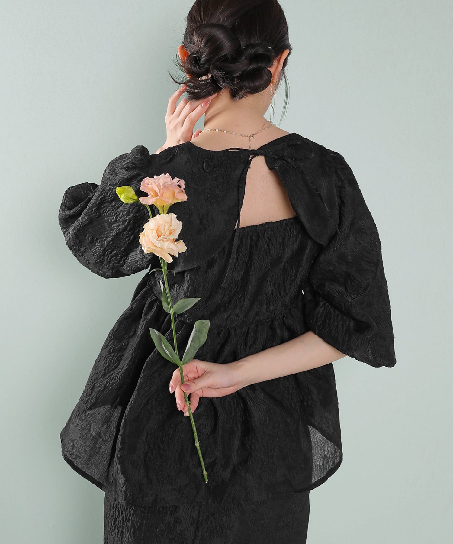 ジャガード バルーン スリーブ ブラウス Iラインスカート2点セット