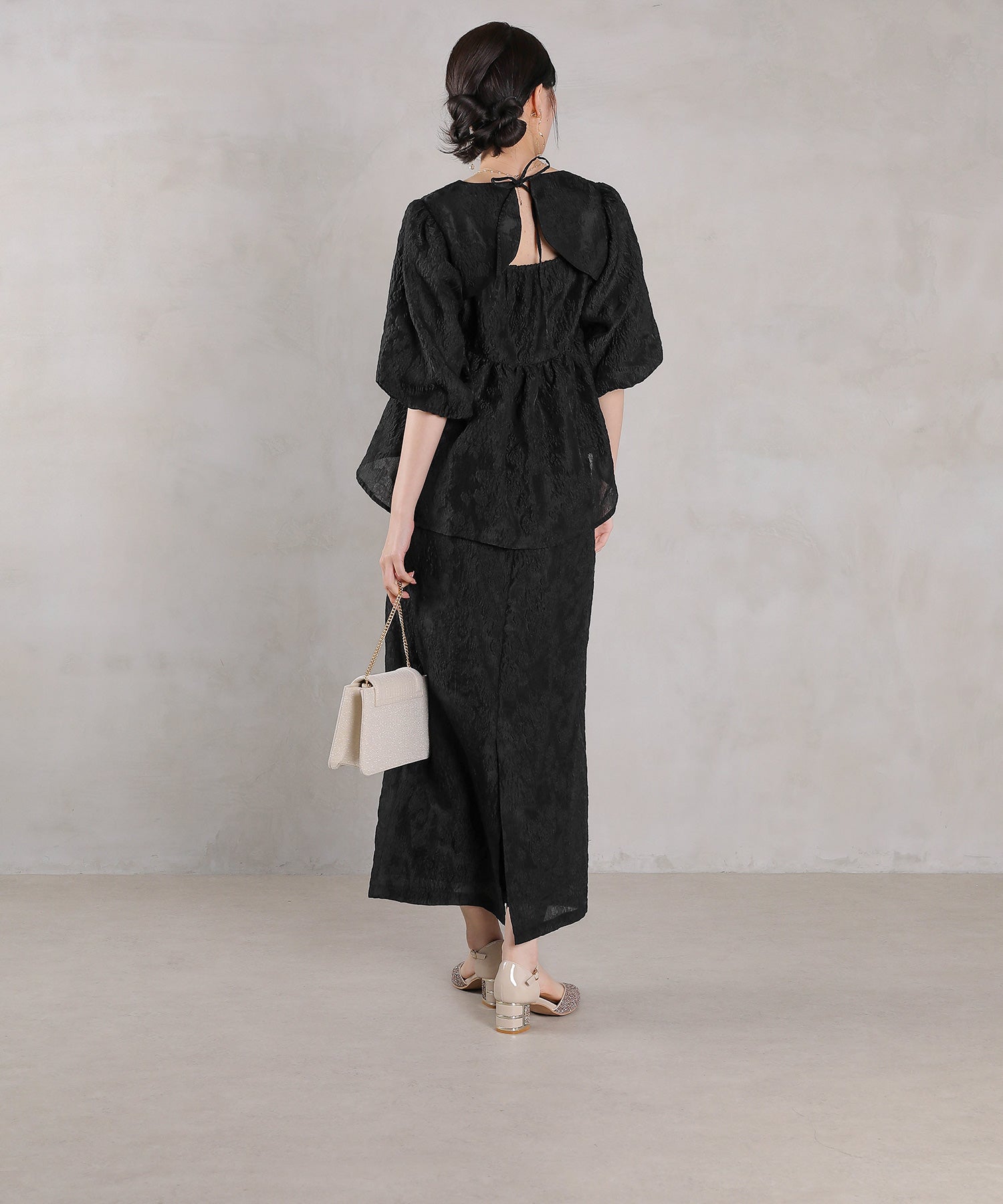 ジャガード バルーン スリーブ ブラウス Iラインスカート2点セット