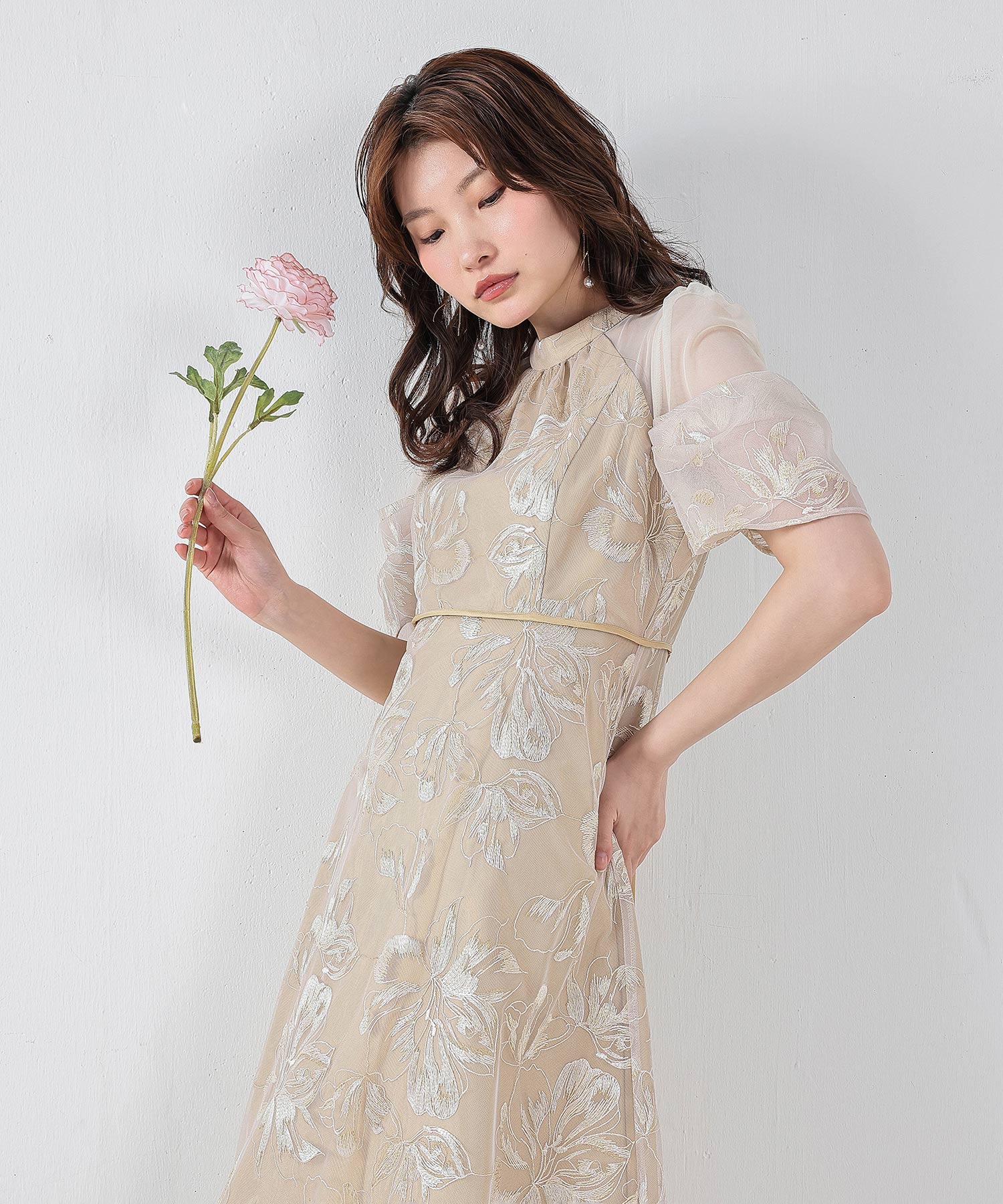 刺繍レースアメスリボリューム袖フィットアンドフレアワンピース