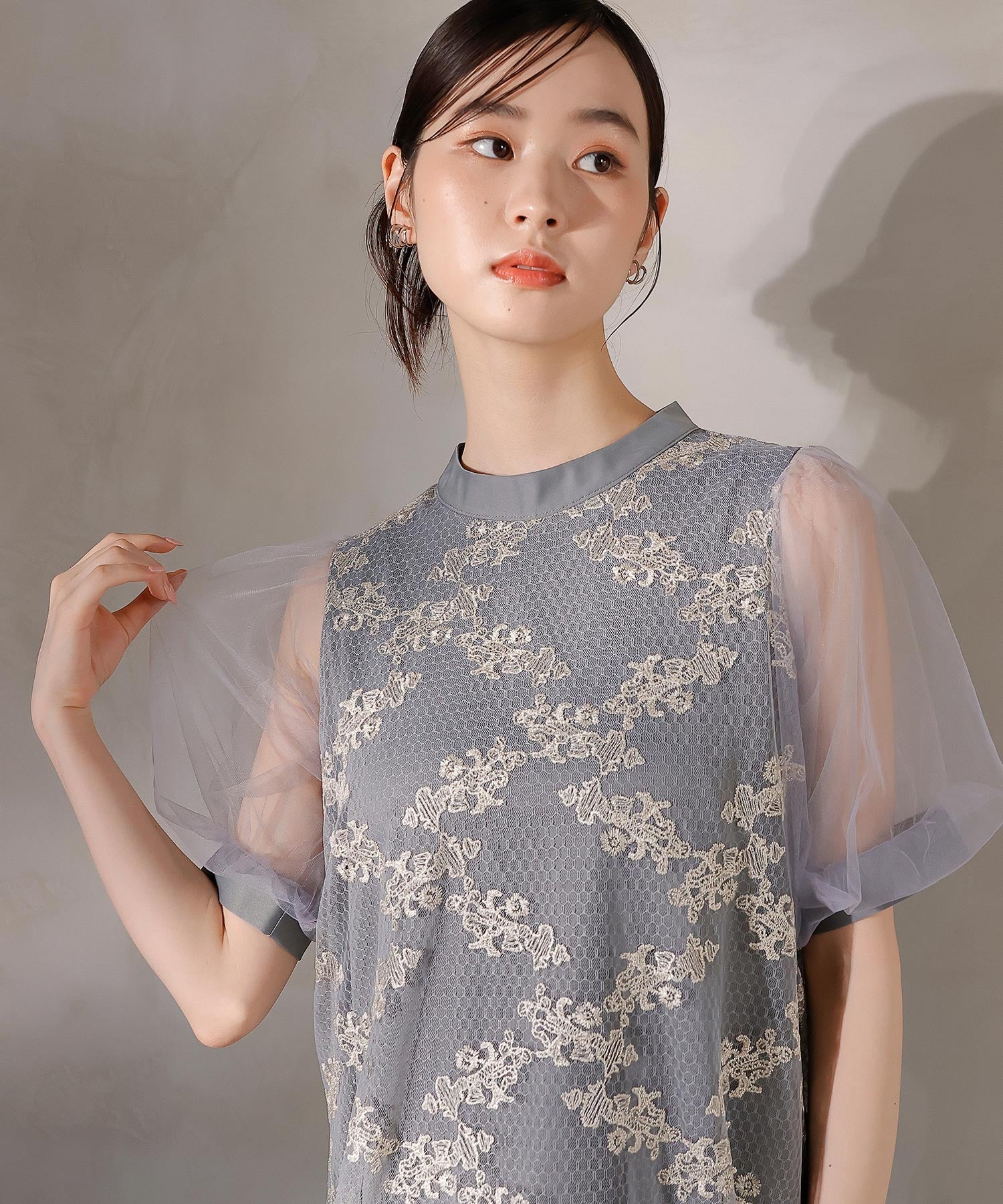 刺繍レース チュール Aライン ティアード ワンピース ドレス
