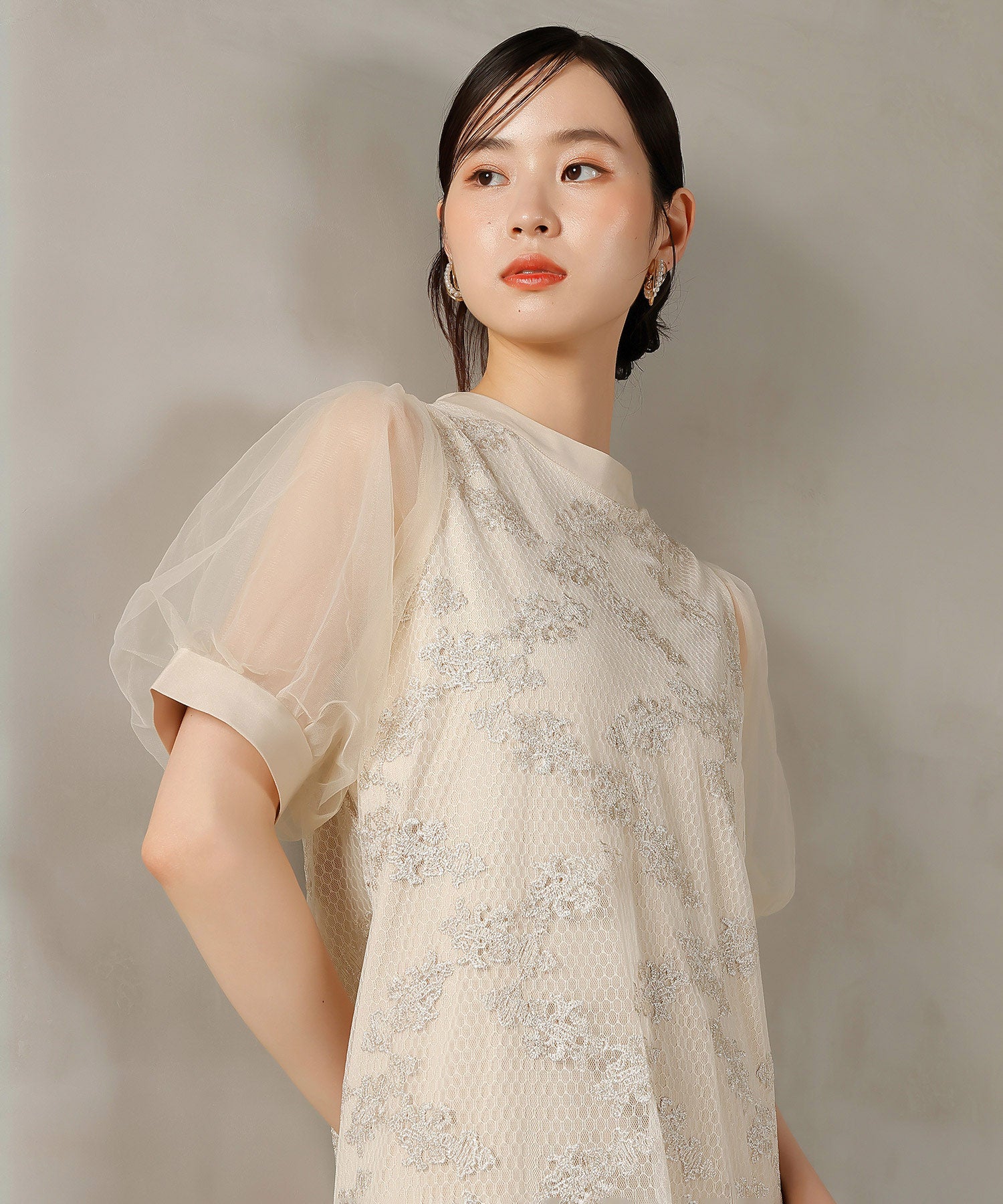 刺繍レース チュール Aライン ティアード ワンピース ドレス