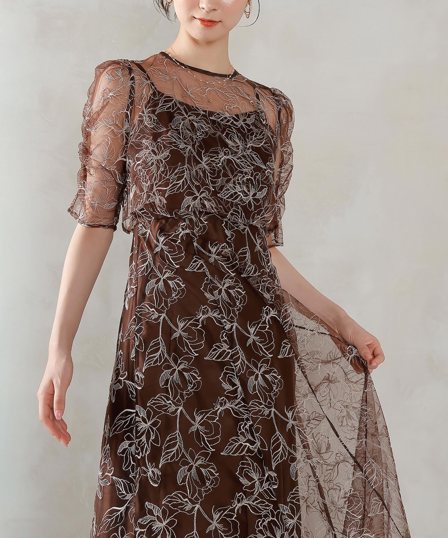 Kana / シャーリングスリーブ オケージョンドレス /スモークピンク /L シャーリングスリーブ 総レース フェミニン パーティー ドレス