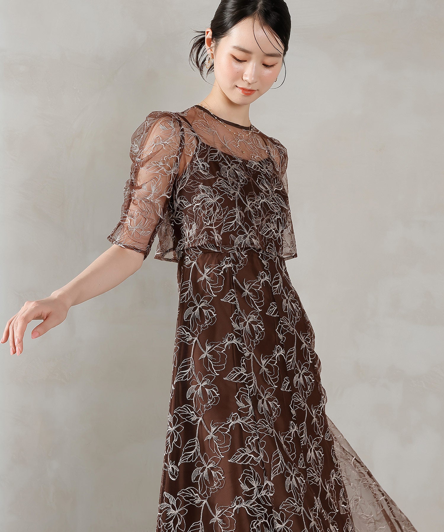 シャーリングスリーブ 総レース フェミニン パーティー ドレス