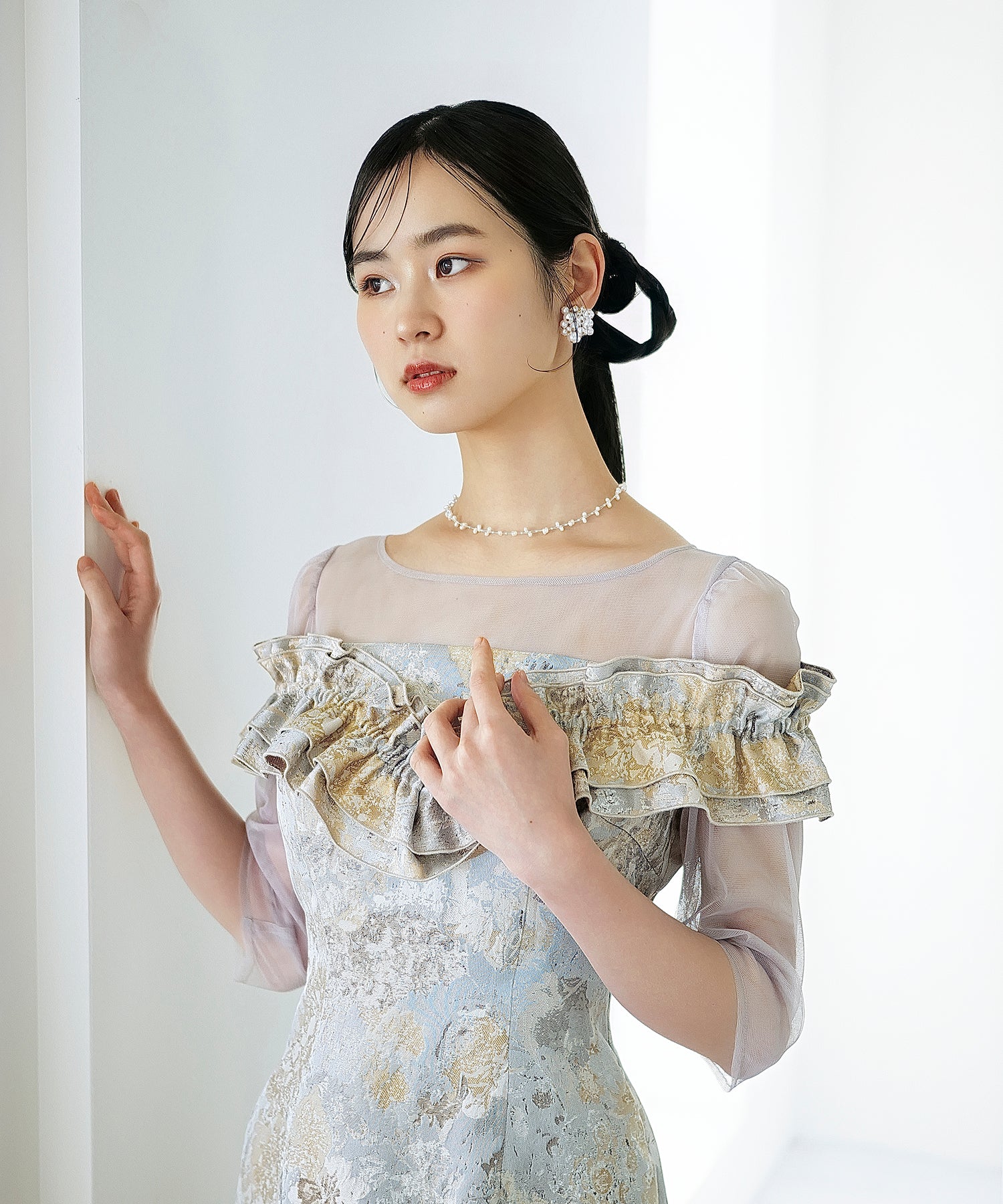 ハートネックフリルジャガードワンピースドレス