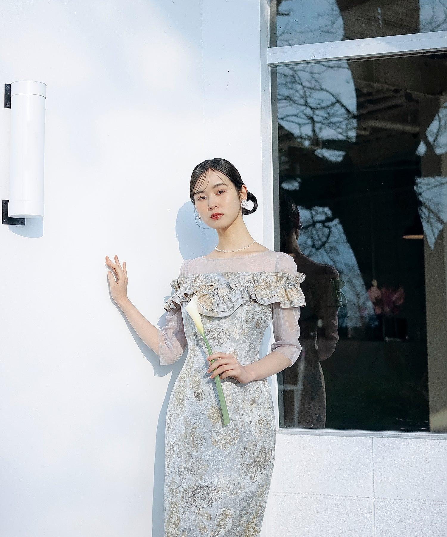 ハートネックフリルジャガードワンピースドレス