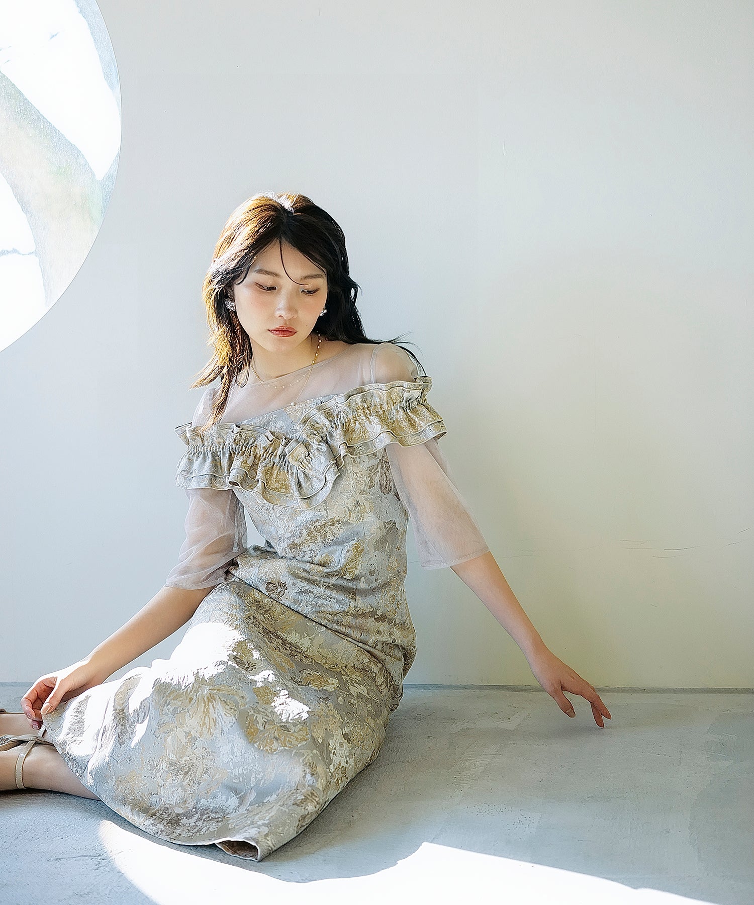 ハートネックフリルジャガードワンピースドレス